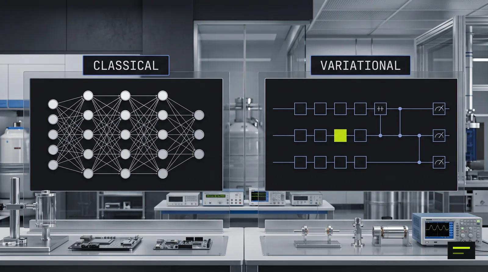 A classical neural network beside a variational quantum circuit, two ways to build a trainable machine learning model.
