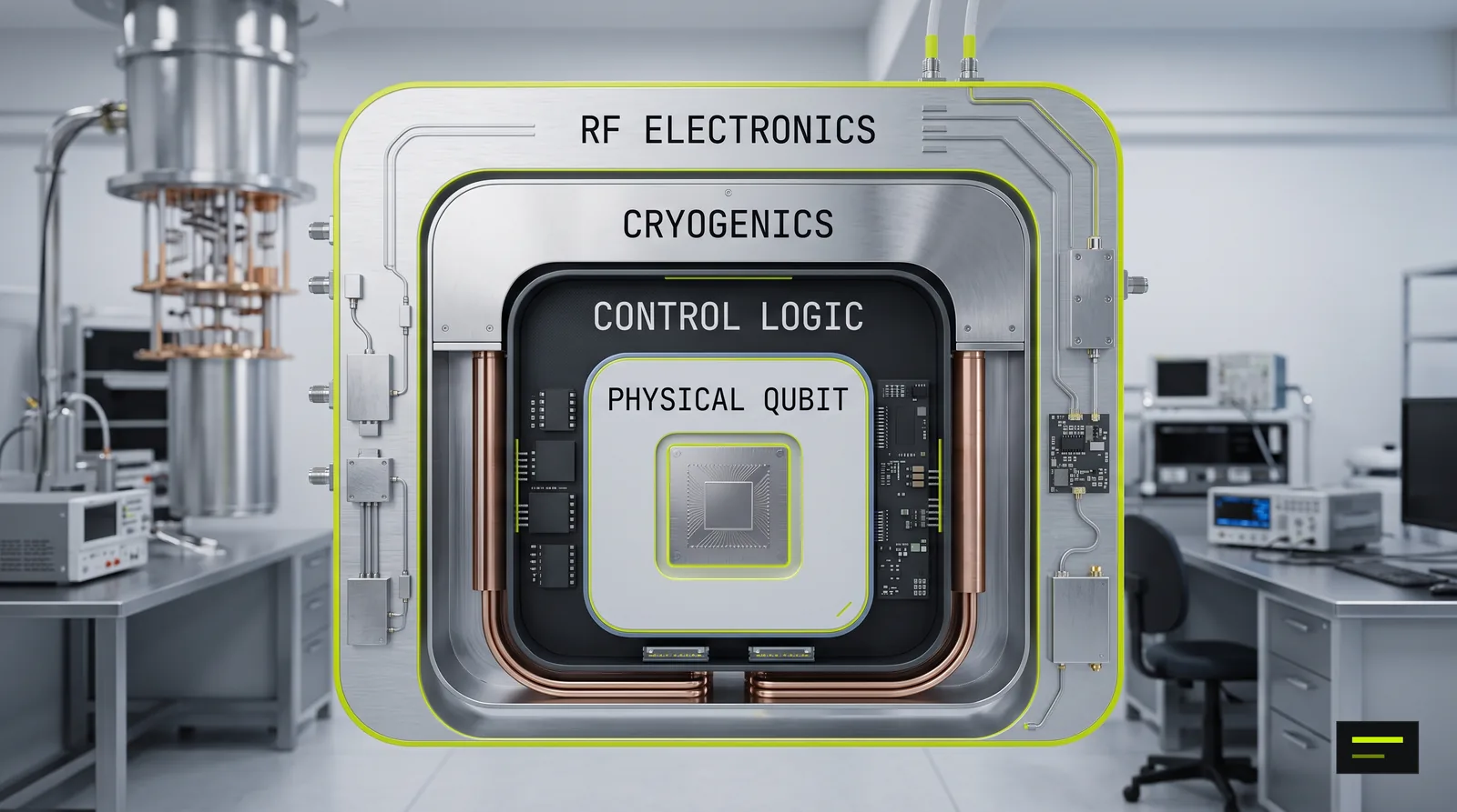 Nested layers of a quantum computer: RF electronics, cryogenics, control logic and the physical qubit at the center.