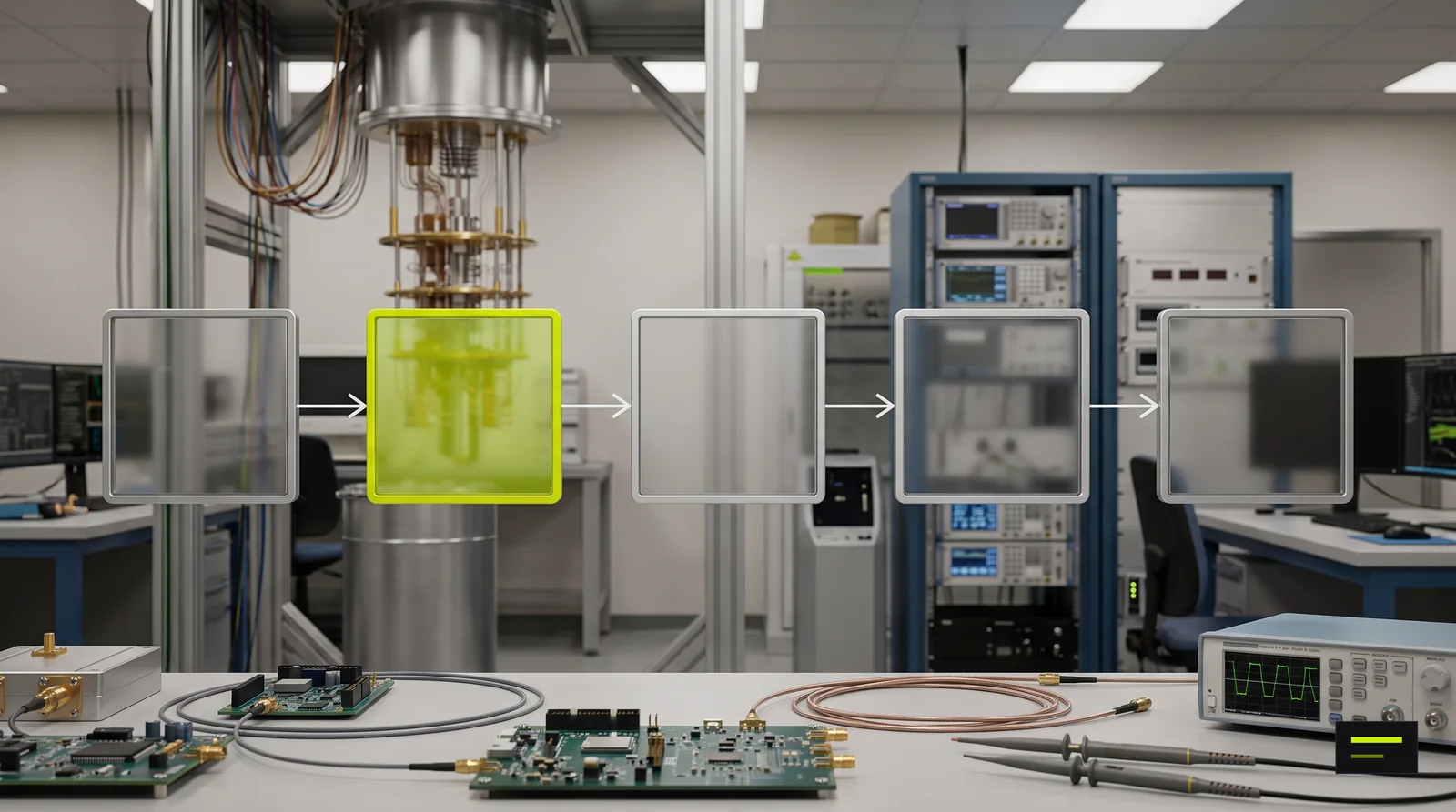 Quantum computing lab with a dilution refrigerator and racks of RF and control electronics, with the cryogenic stage highlighted.