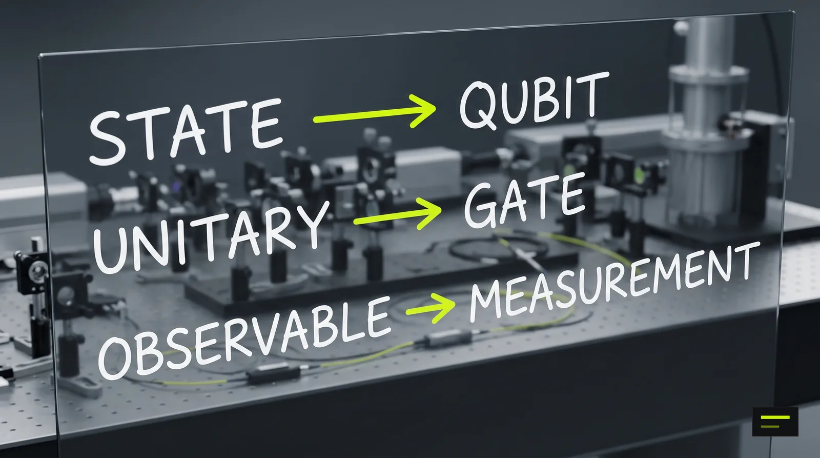 Glass board mapping physics terms to quantum computing terms: state to qubit, unitary to gate, observable to measurement.