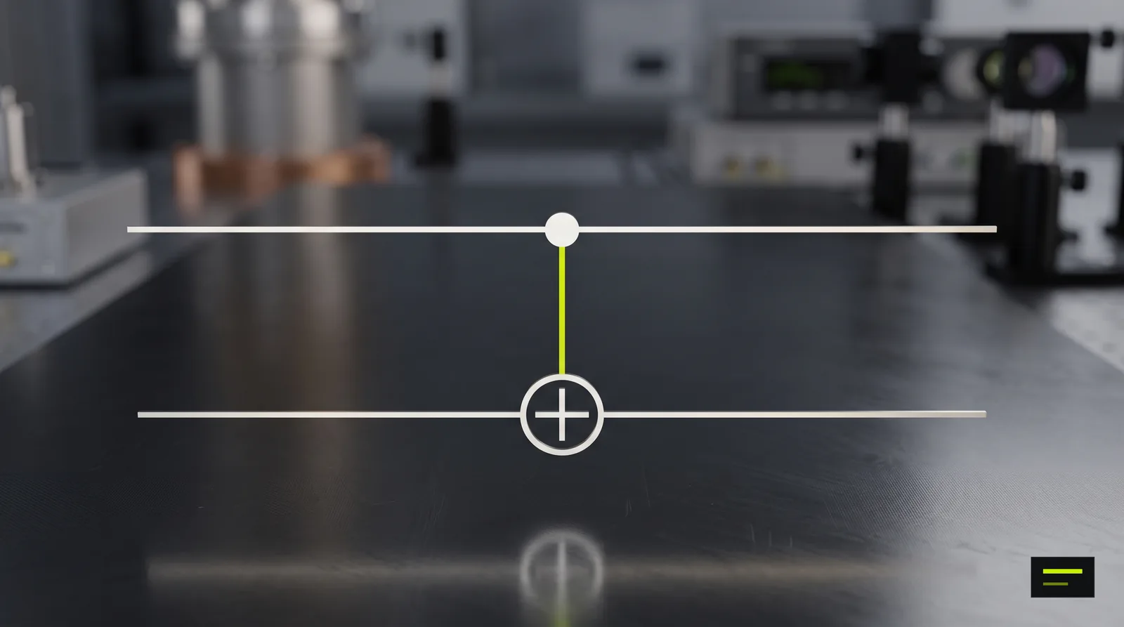 A two-qubit CNOT gate drawn as glowing lines over a lab bench, an example of a reversible quantum operation.