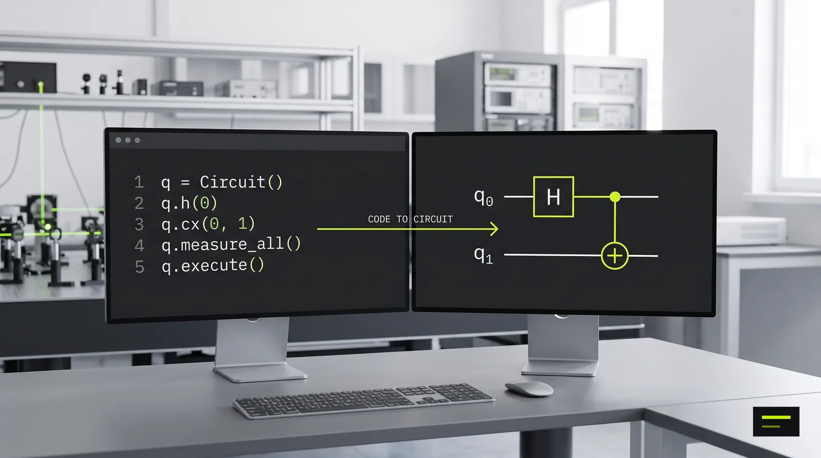 Two monitors: Python-style code on the left and the matching quantum circuit with a Hadamard gate and a CNOT gate on the right.
