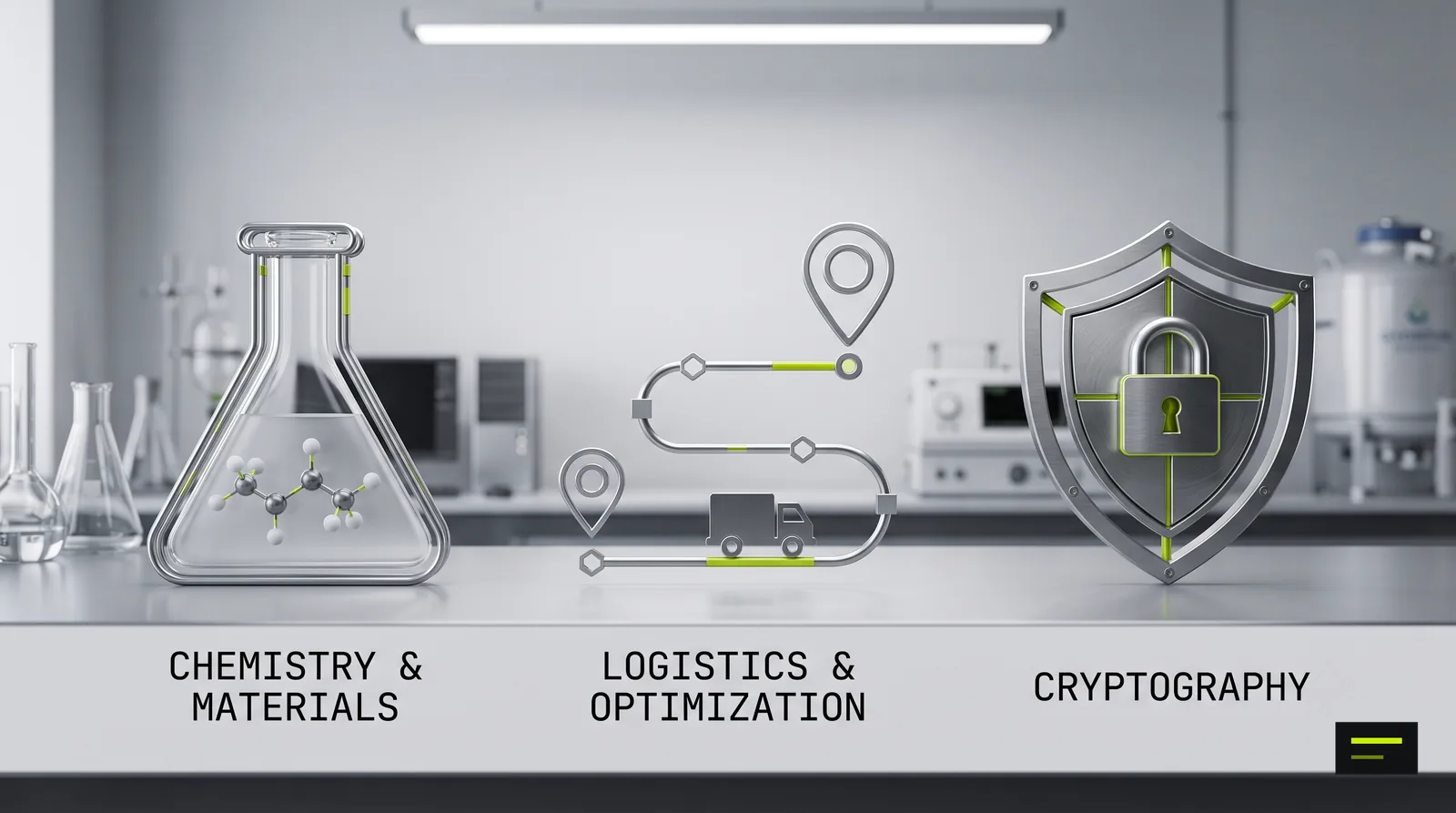 Three quantum computing use cases: chemistry and materials, logistics and optimization, and cryptography.
