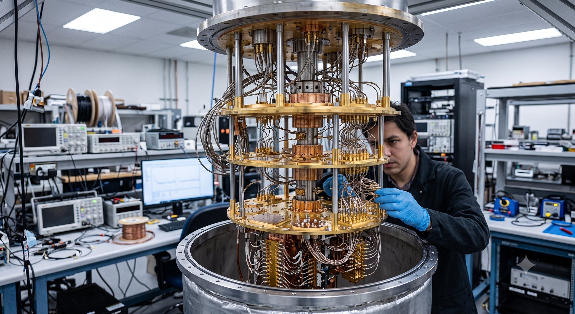 A researcher in a lab coat and blue gloves works on the wiring of a real dilution refrigerator quantum computing system, surrounded by test equipment in an active research lab.