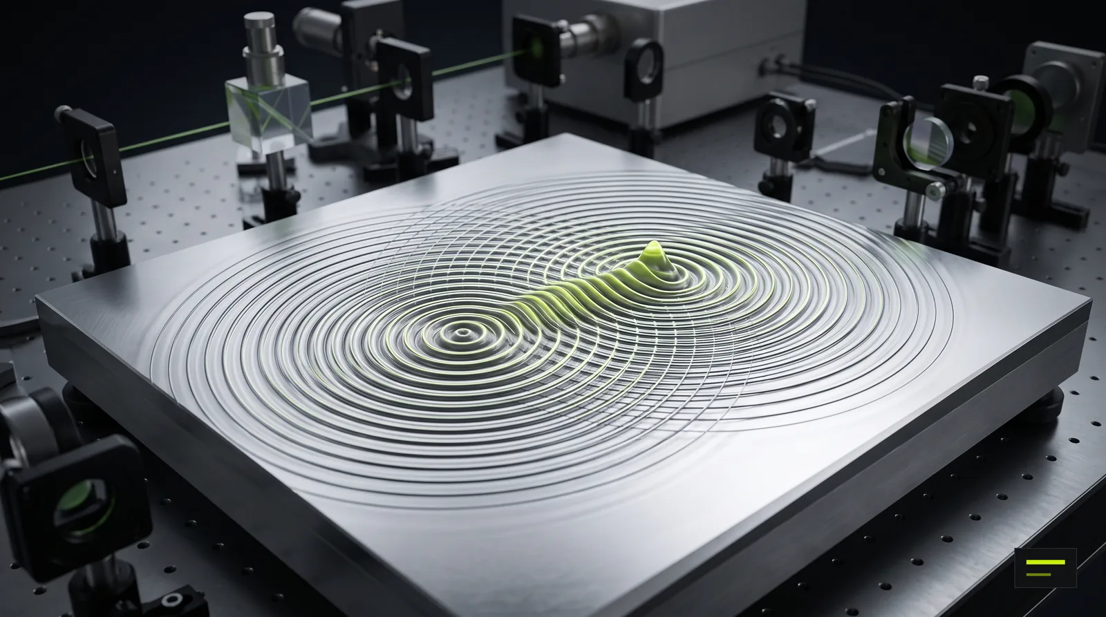 Concentric ripples rising into a single peak on a metal plate, illustrating quantum interference concentrating probability on the right answer.