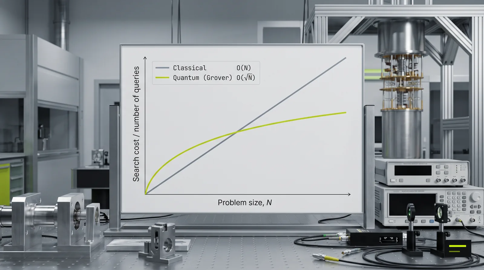 Chart of search cost against problem size: classical search grows as O(N) while Grover's quantum algorithm grows as O(square root of N).