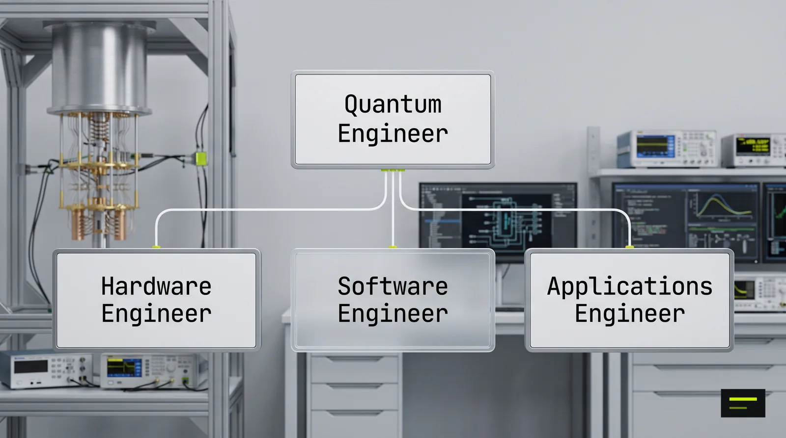 The quantum engineer role splits into hardware engineer, software engineer and applications engineer.
