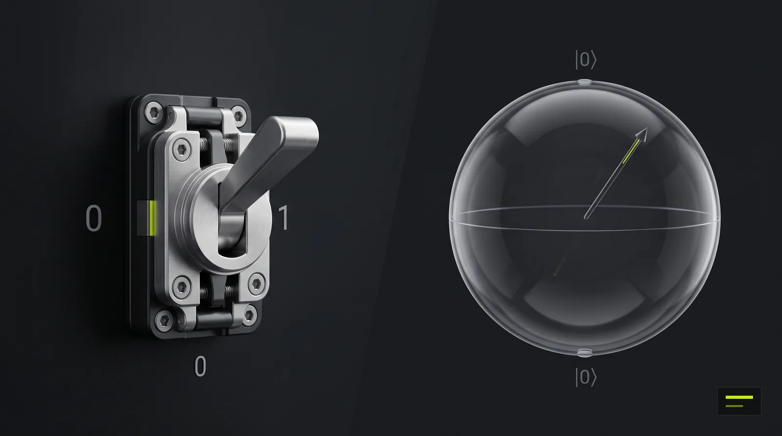 A classical bit drawn as a two-position switch beside a qubit drawn as a sphere with a state vector pointing in any direction.