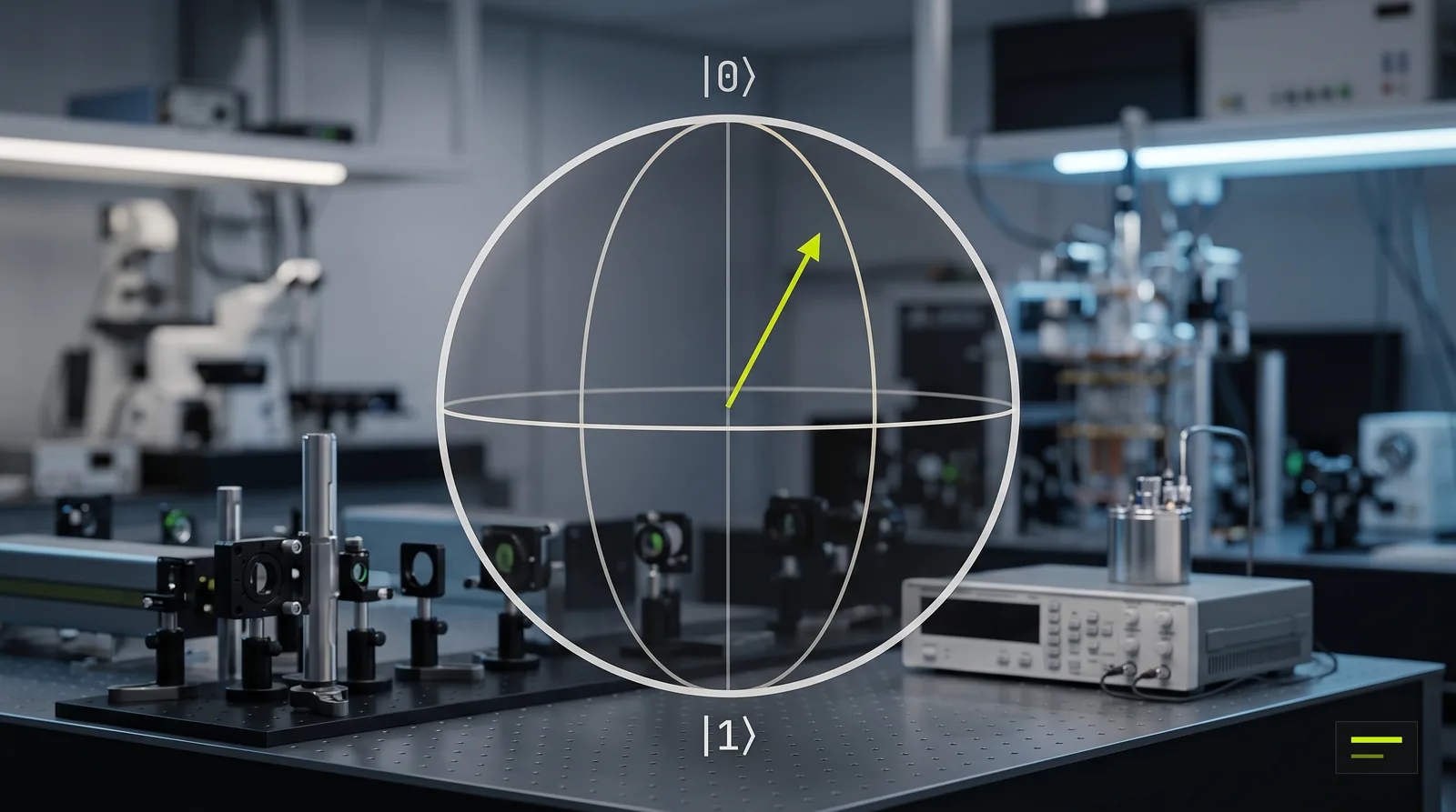 A Bloch sphere with a state vector between |0> and |1> in a quantum optics lab, illustrating quantum superposition.