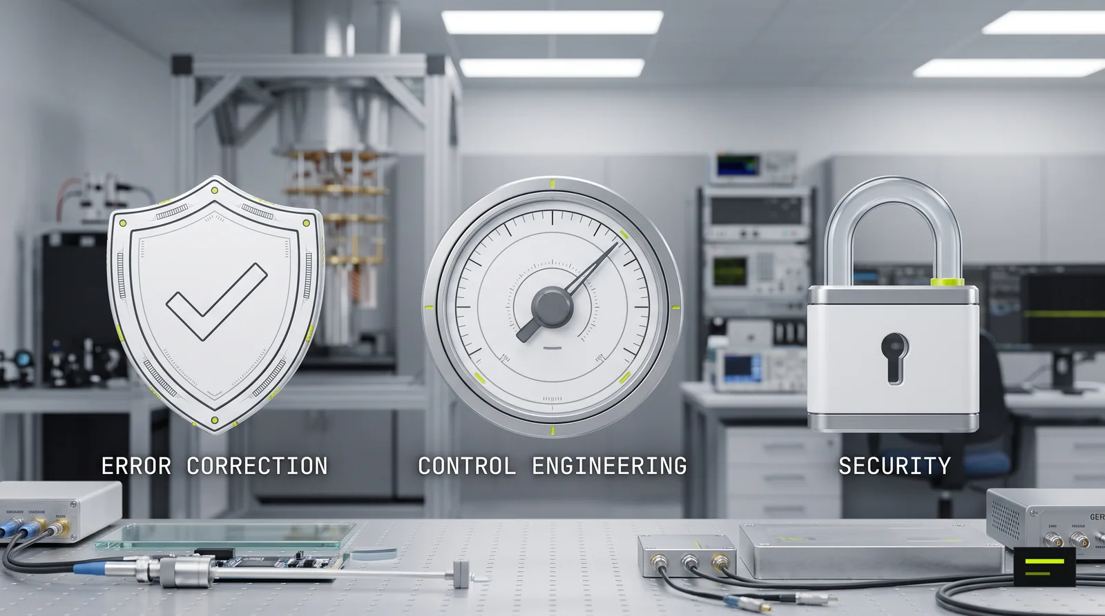 Three specialist quantum roles: error correction, control engineering and security, shown as a shield, a dial and a padlock.